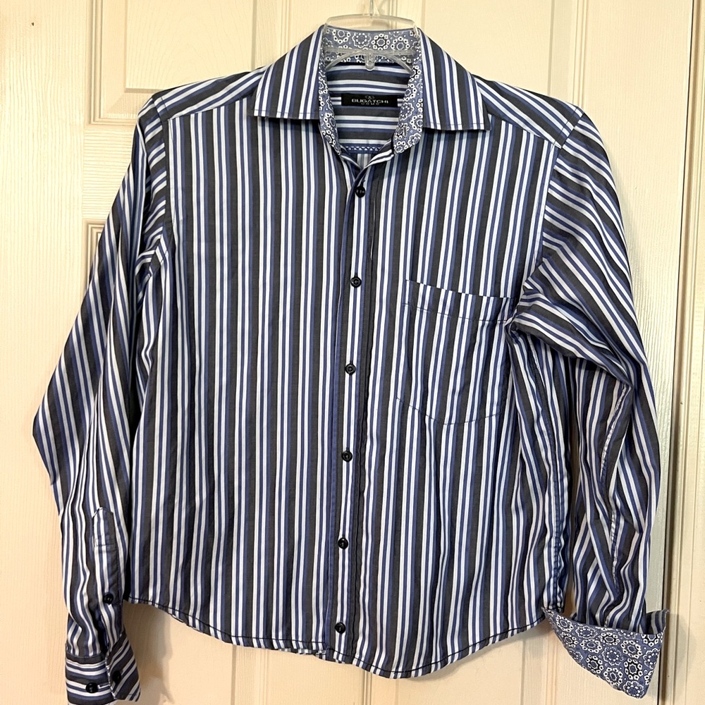 Bugtachi Uomo Striped Dress/Casual Shirt, Contrast Flip Cuffs, Size Small